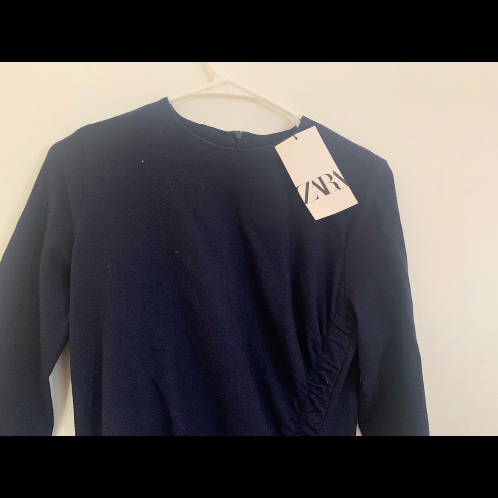 Zara Long Sleeve Knit Ruched Navy Dress